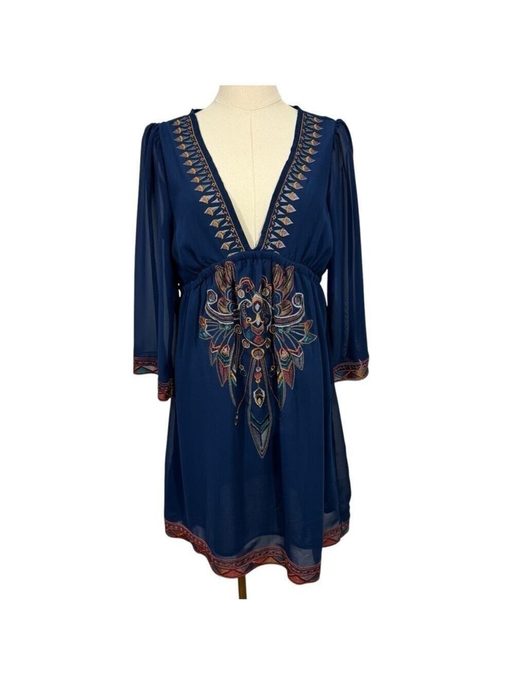 Bohemian Embroidered Sheer Sleeve Dress Sz M Navy Blue Babydoll V-Neck Beachy